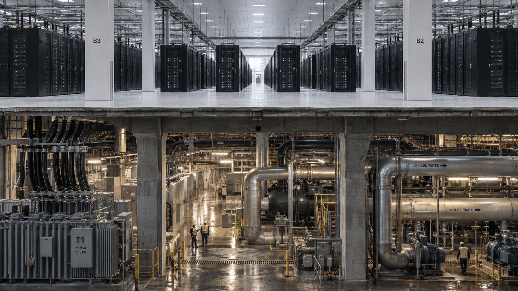 A data centre reveals server halls above the cooling and power infrastructure below.