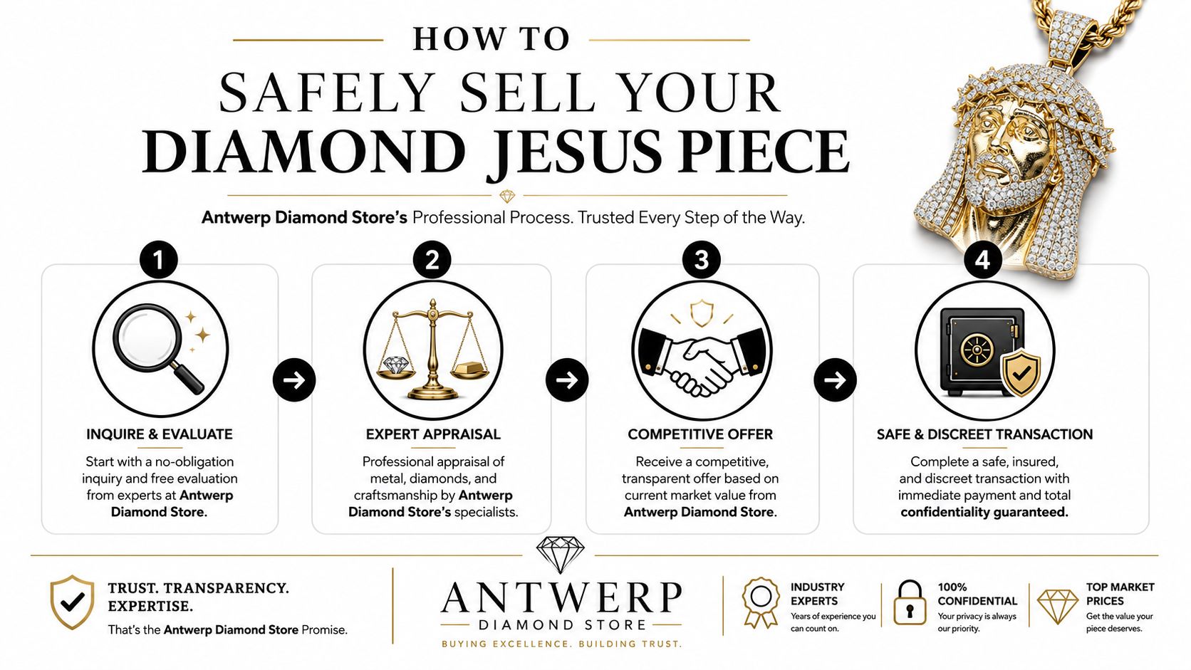 A professional four-step guide for safely selling a diamond-encrusted Jesus piece jewelry item to Antwerp Diamond Store.