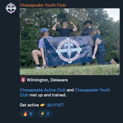 A screenshot from Telegram showing an image of four individuals posing with a flag that says “Chesapeake Youth Club,” with text indicating that Chesapeake Active Club and Chesapeake Youth Club met and trained together.