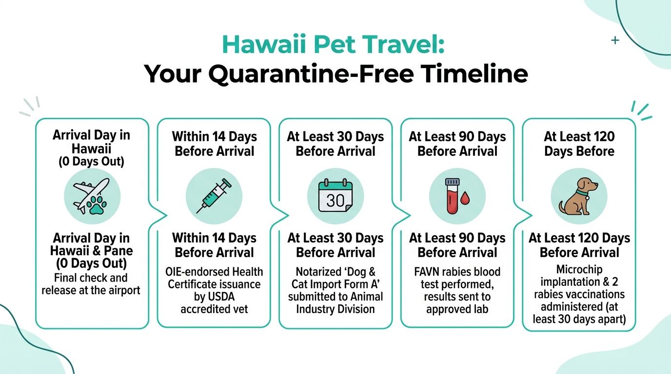 A timeline graphic showing the required steps and vaccination schedule for traveling to Hawaii with pets.