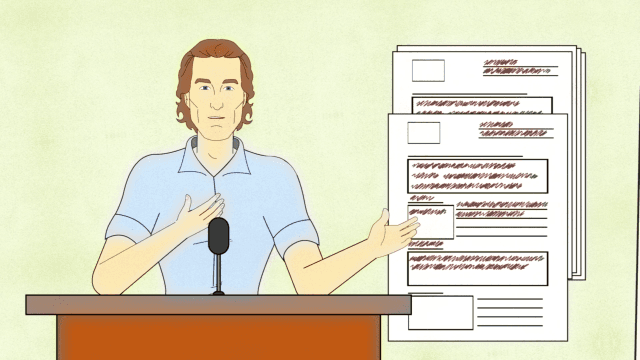 Animated speaker presenting policy documents during Greenlights Grant Initiative explainer video