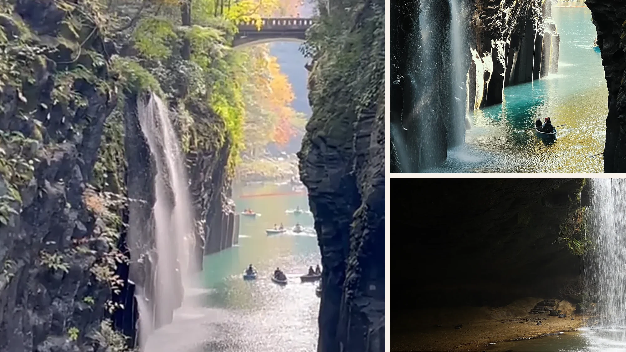 Gorge day trips from Kurokawa Onsen: rowboats under the falls in Takachiho Gorge, and Nabegataki seen from the cave behind the curtain of water
