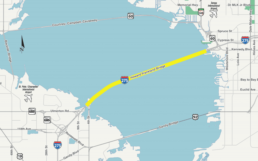 Map showing location of Howard Frankland Bridge route across Tampa Bay