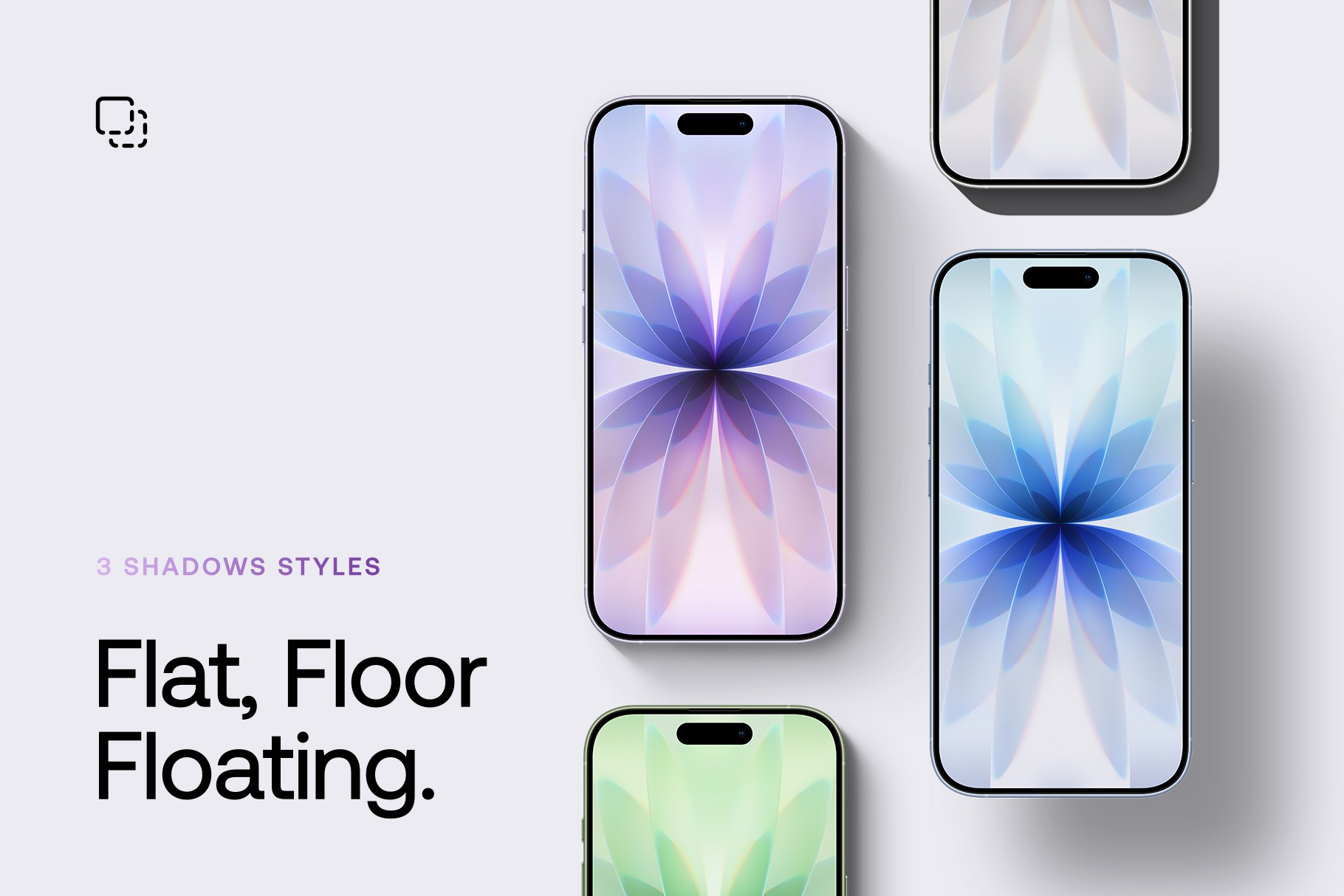 Floating flat-lay scene with four iPhone 17 mockups for app presentation.