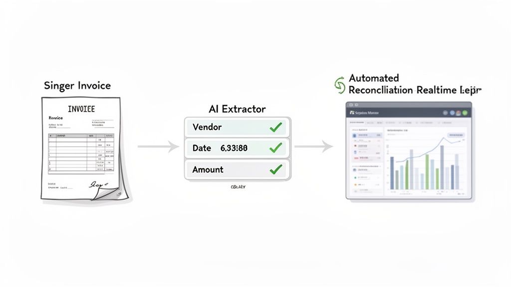 A workflow diagram showing an invoice processed by an AI extractor for vendor, date, and amount, then feeding into an automated real-time reconciliation ledger system.