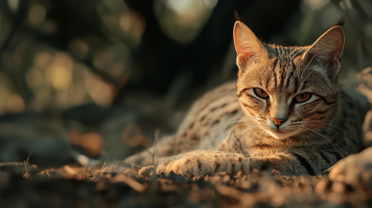 A weird cat laying in leaves