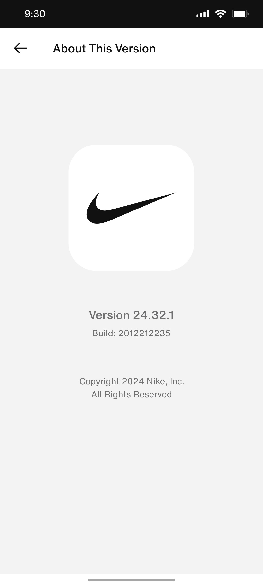 Nike App About this Version Screen