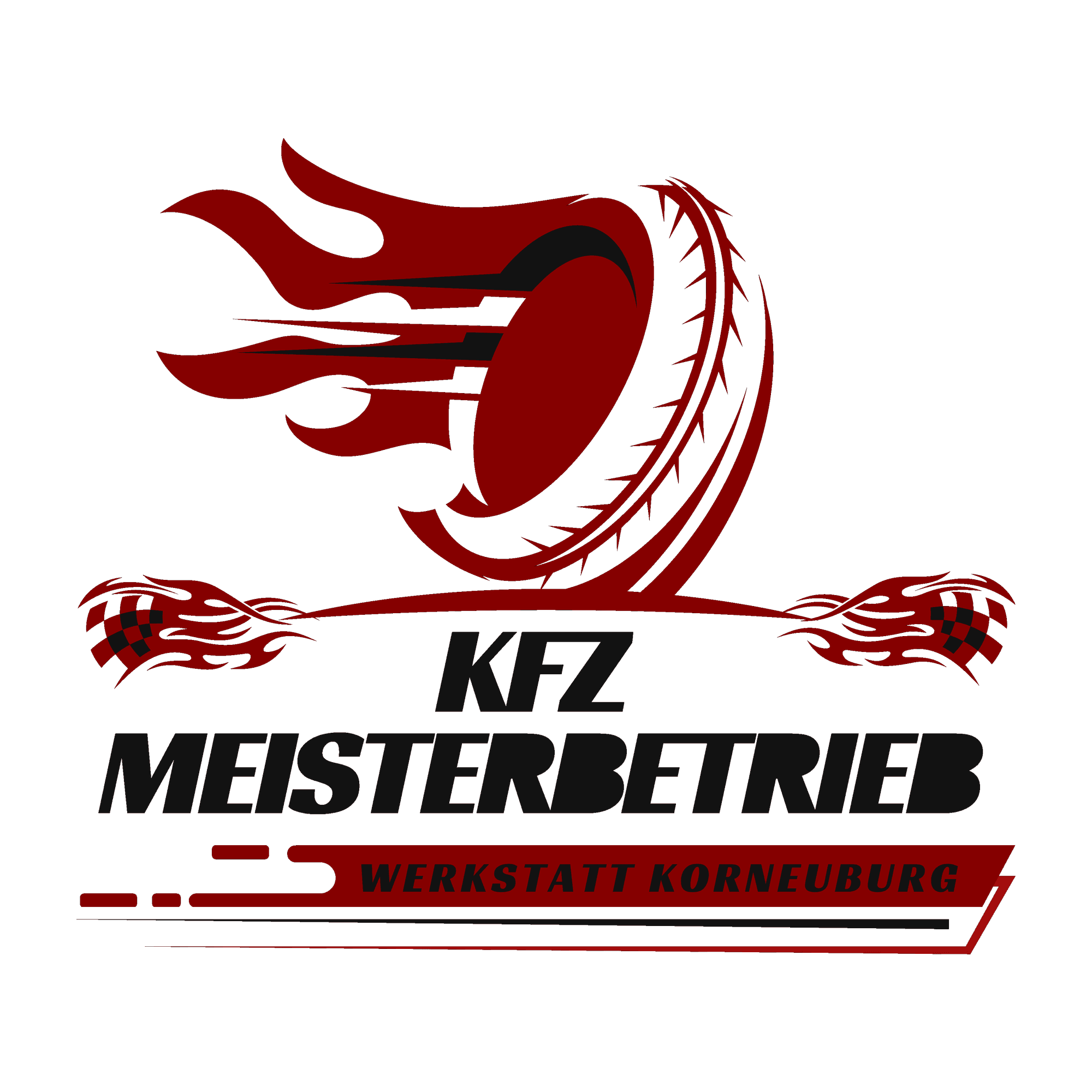 Logo rosso e scuro KFZ-Meisterbetrieb Korneuburg per l'utilizzo su sfondi chiari.