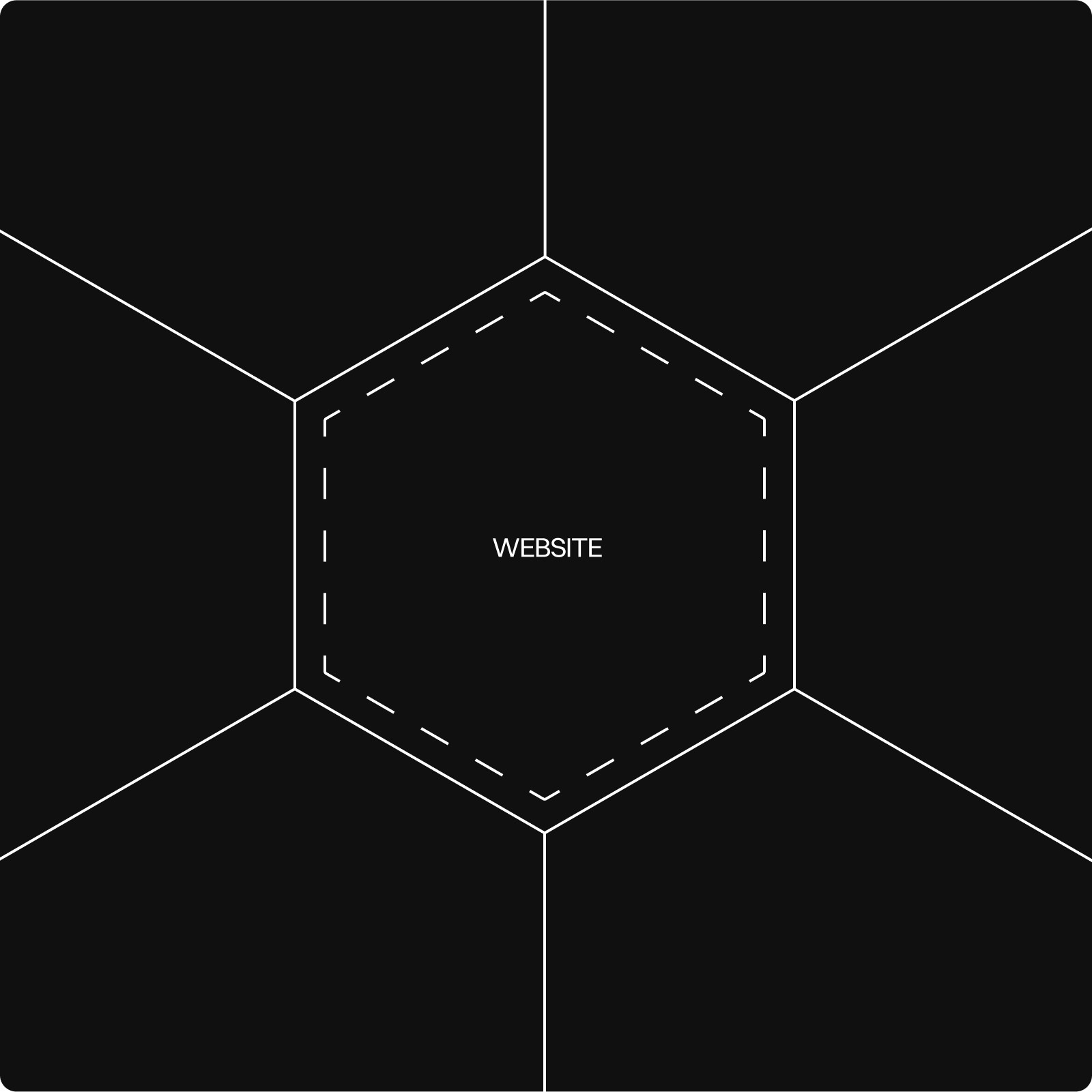 Hexagonal diagram with a central 'Website' label surrounded by six black panels, symbolizing a website’s core role within a broader digital ecosystem.