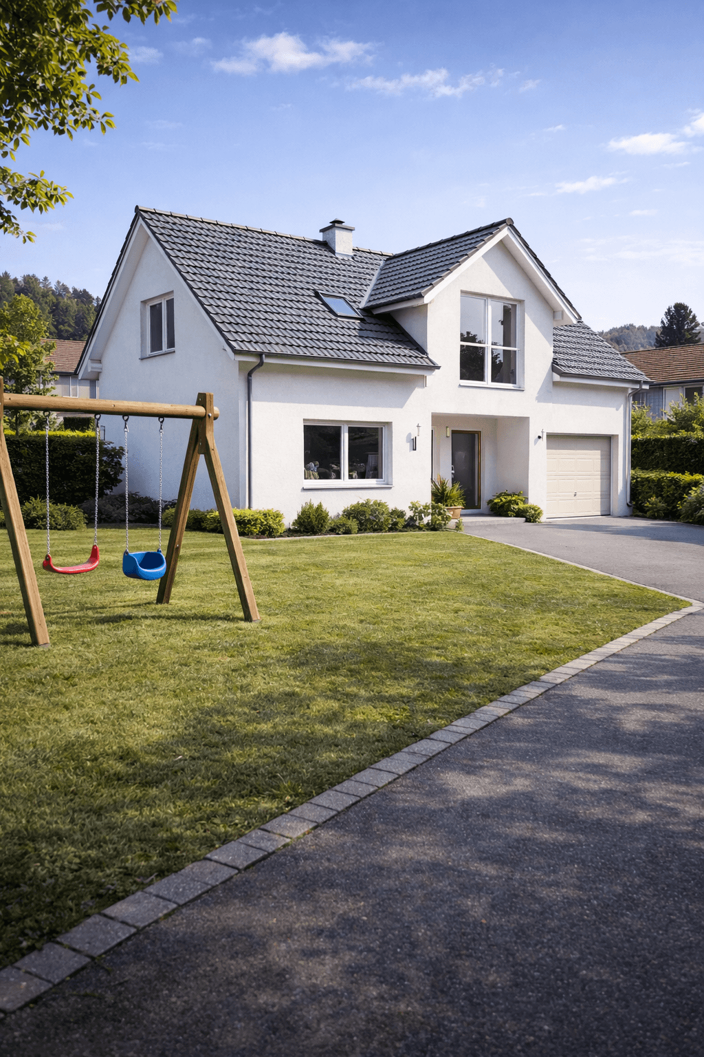 Suburban house with a two-car garage at twilight after a rain shower.