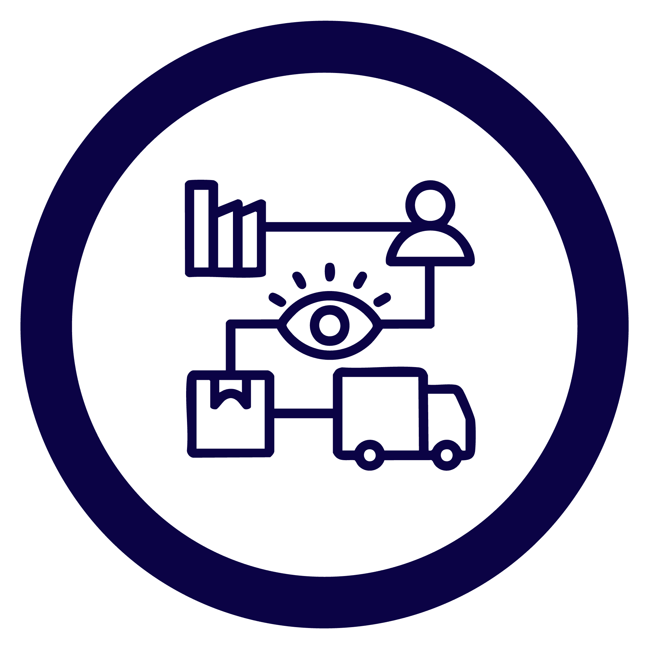 circle icon in blue of an eye with lines leading to a truck a package a person and a graph