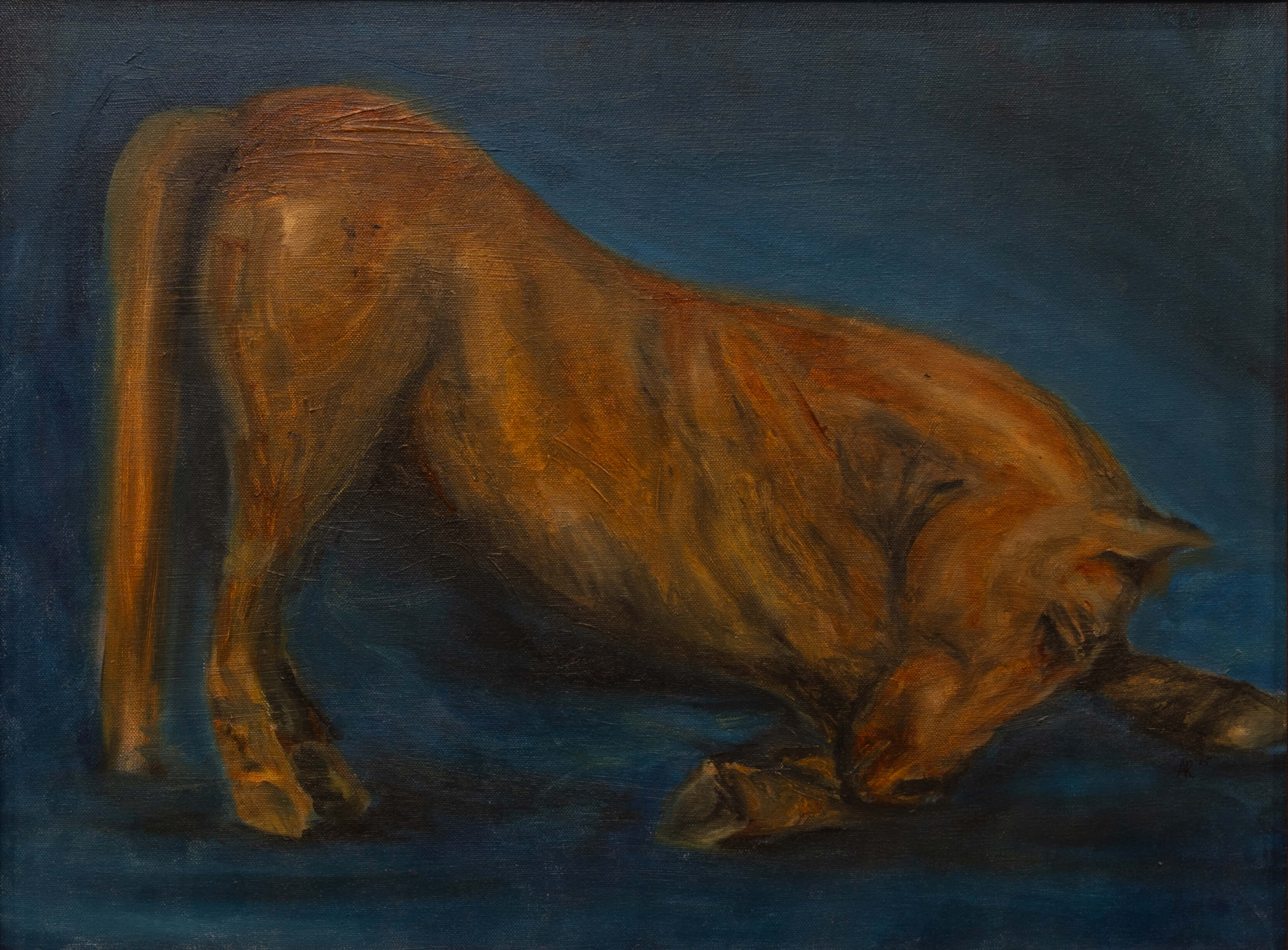 Painting of a brown animal bending its head to the ground against a deep blue background.