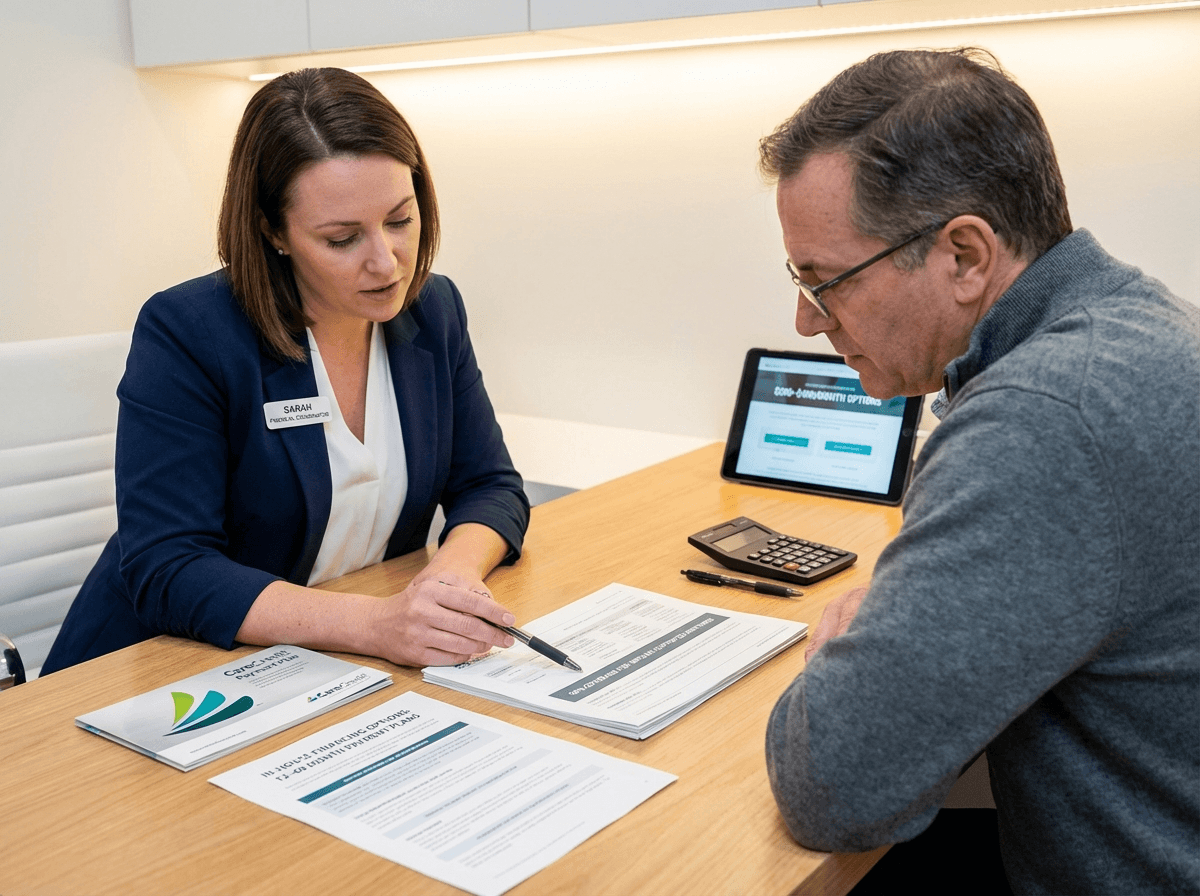 Dental financing consultation showing CareCredit and payment plan options for affordable full mouth dental implants