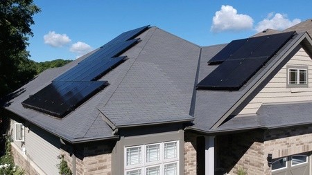 A house with solar panels on the roof, and sky visible in the background.