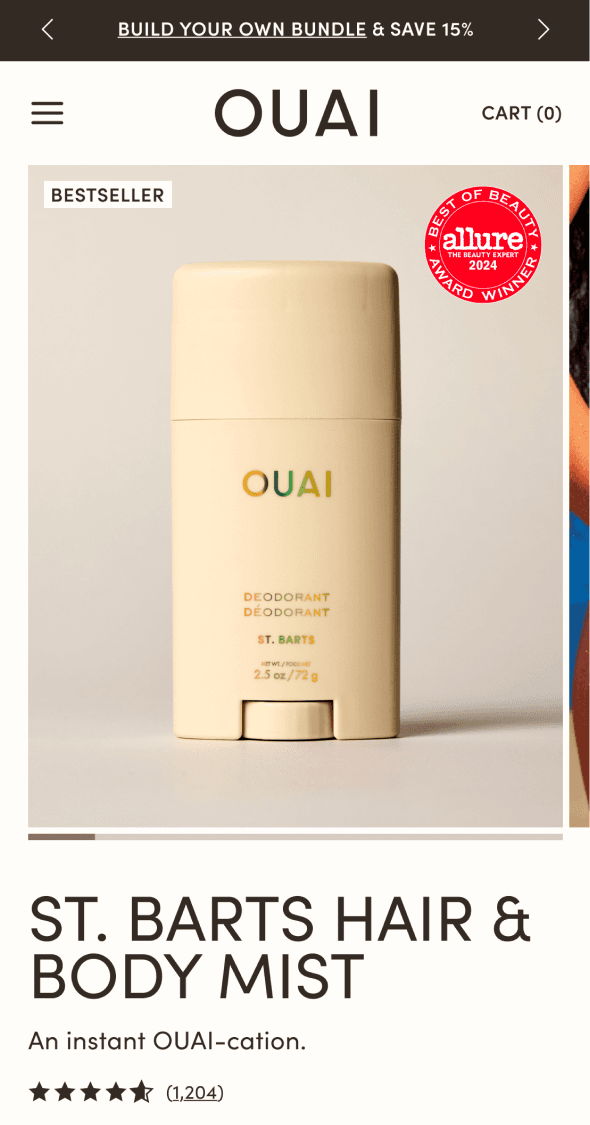 OUAI St. Barts hair and body mist product page on mobile storefront