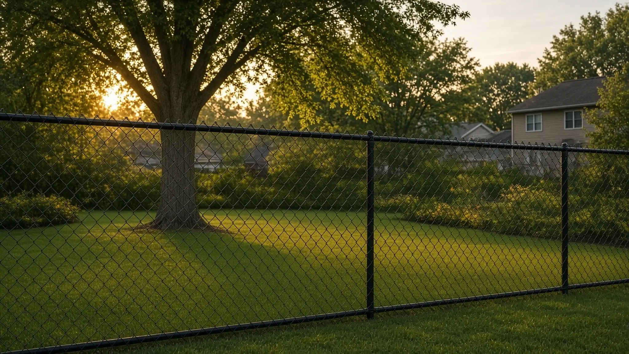 Black vinyl-coated chain link fence around a green suburban backyard at golden hour