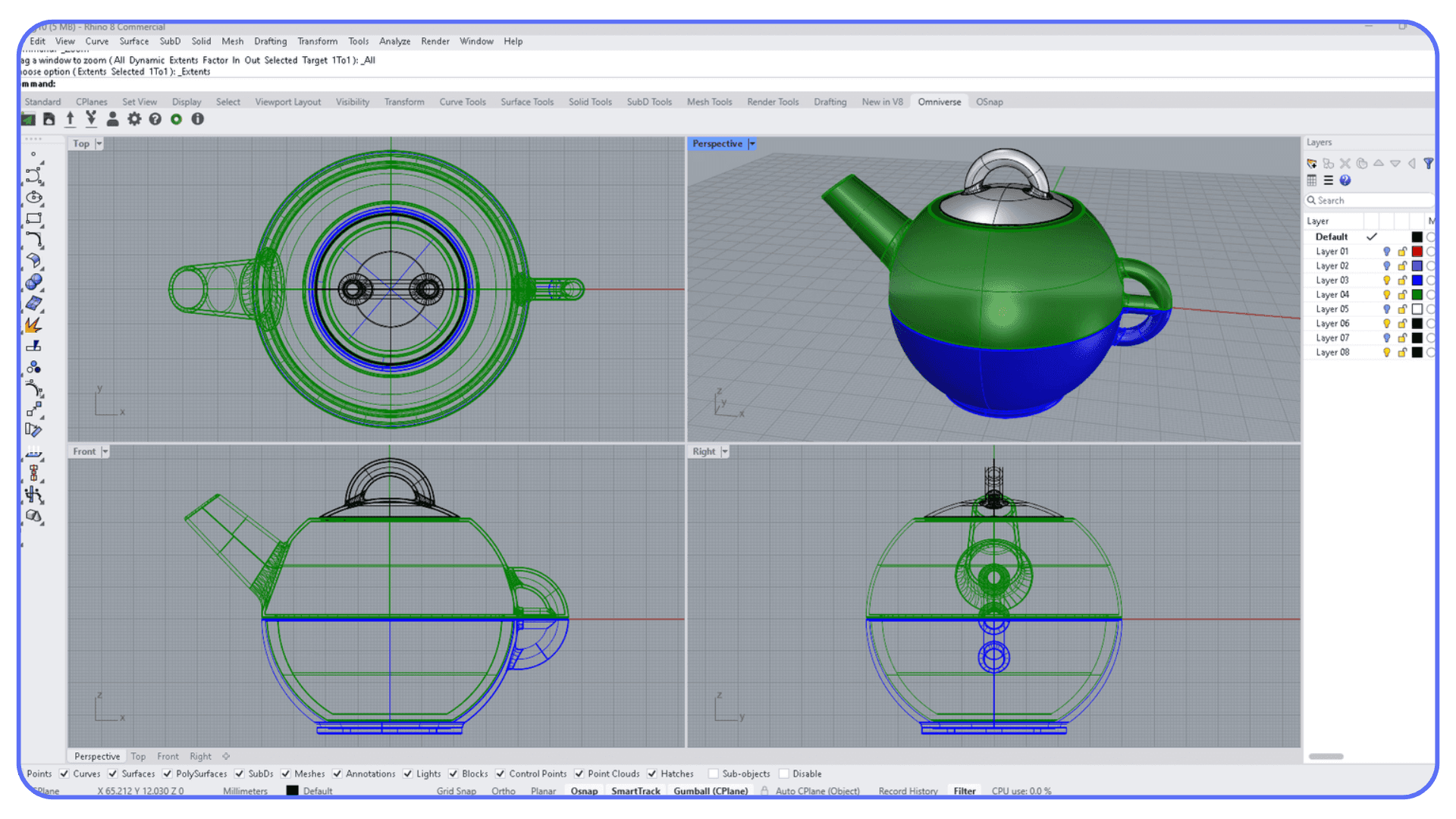 Rhino 3D workspace with precise surface and curve-based modeling