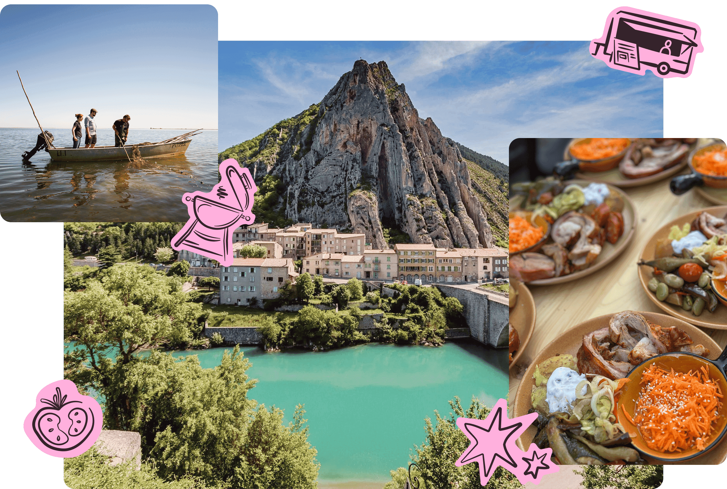 Composition d’image de la région des Rochers de la Baume, avec des plats et une illustration du graphisme d’itinérance.