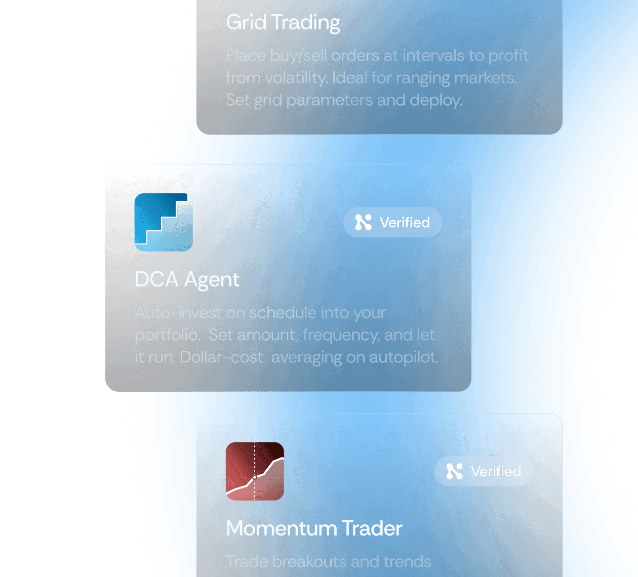 Three trading bot template cards: DCA Agent with recurring schedule icon, Momentum Trader with breakout chart, and BTC Dip Buyer with Bitcoin logo