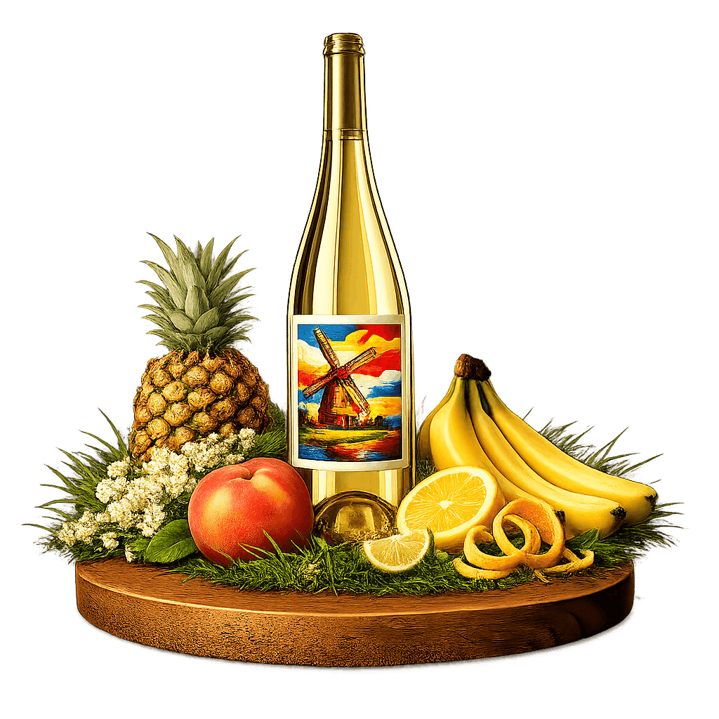 Artistic label and flavor profile for Dutch Solaris on a rustic wooden table.