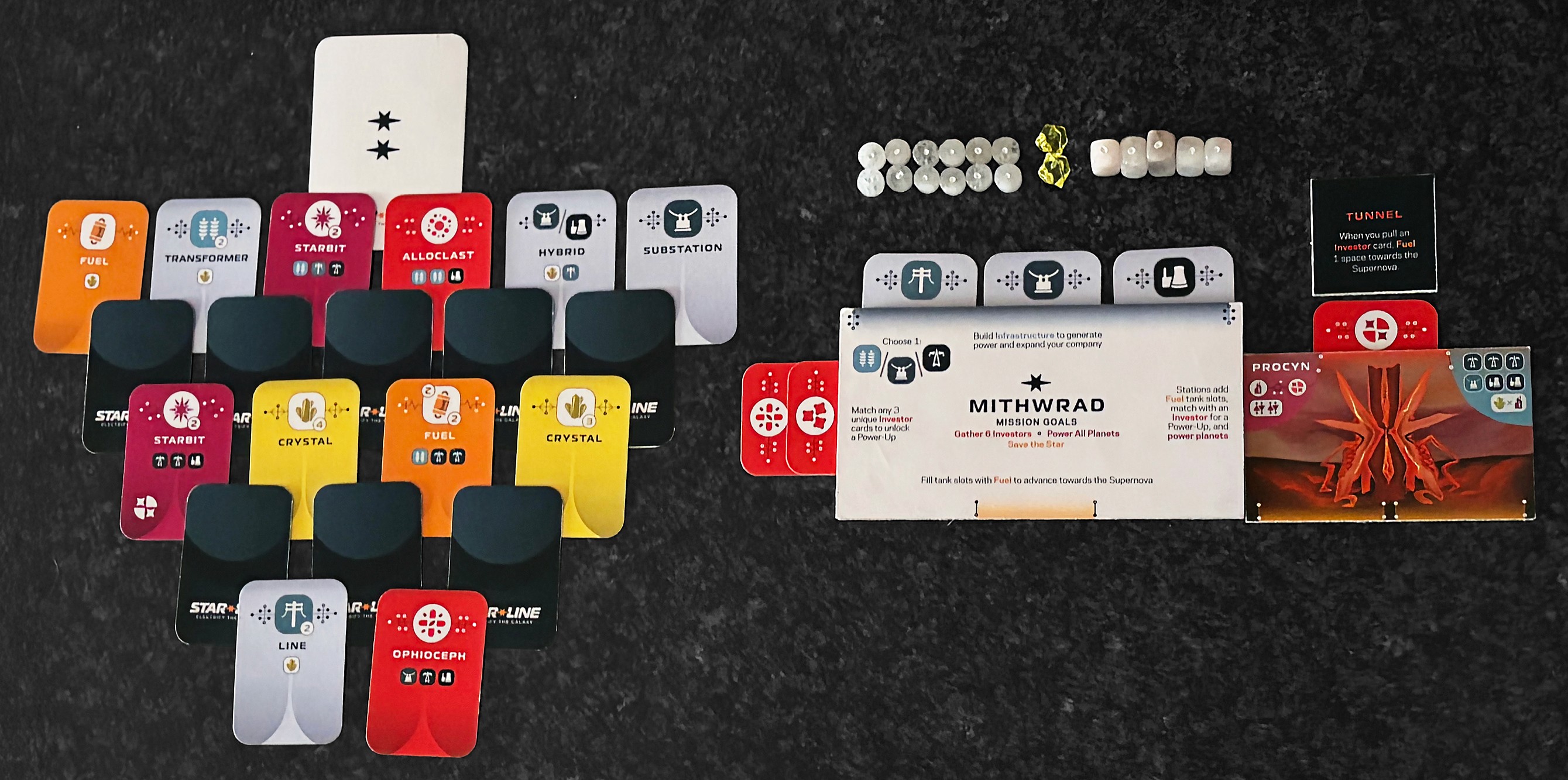 Player board view, integrating color-coded cards into an individual tableau.