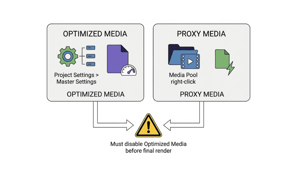 Flat illustration comparing DaVinci Resolve's Optimized Media and Proxy Media systems, showing their separate menu locations, Project Settings for Optimized Media and the Media Pool right-click menu for Proxy Media.