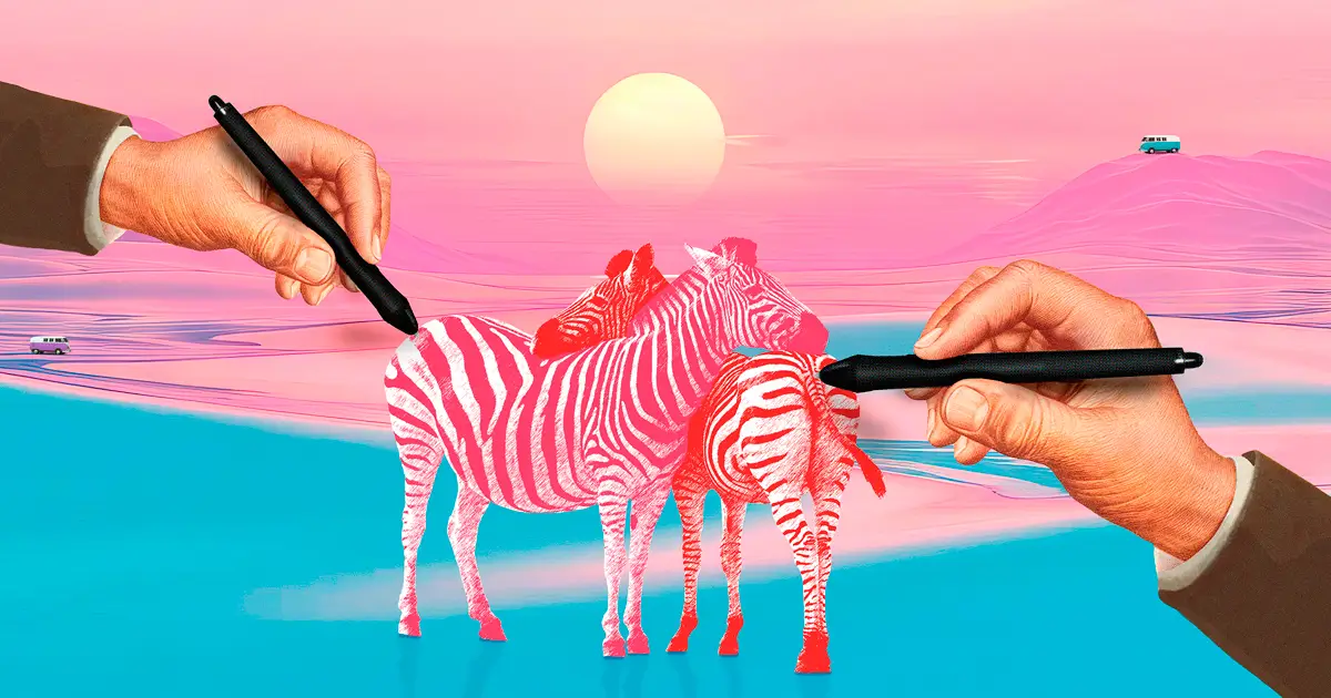 Ilustración surrealista de cebras rosadas siendo dibujadas por manos humanas en un paisaje de atardecer.