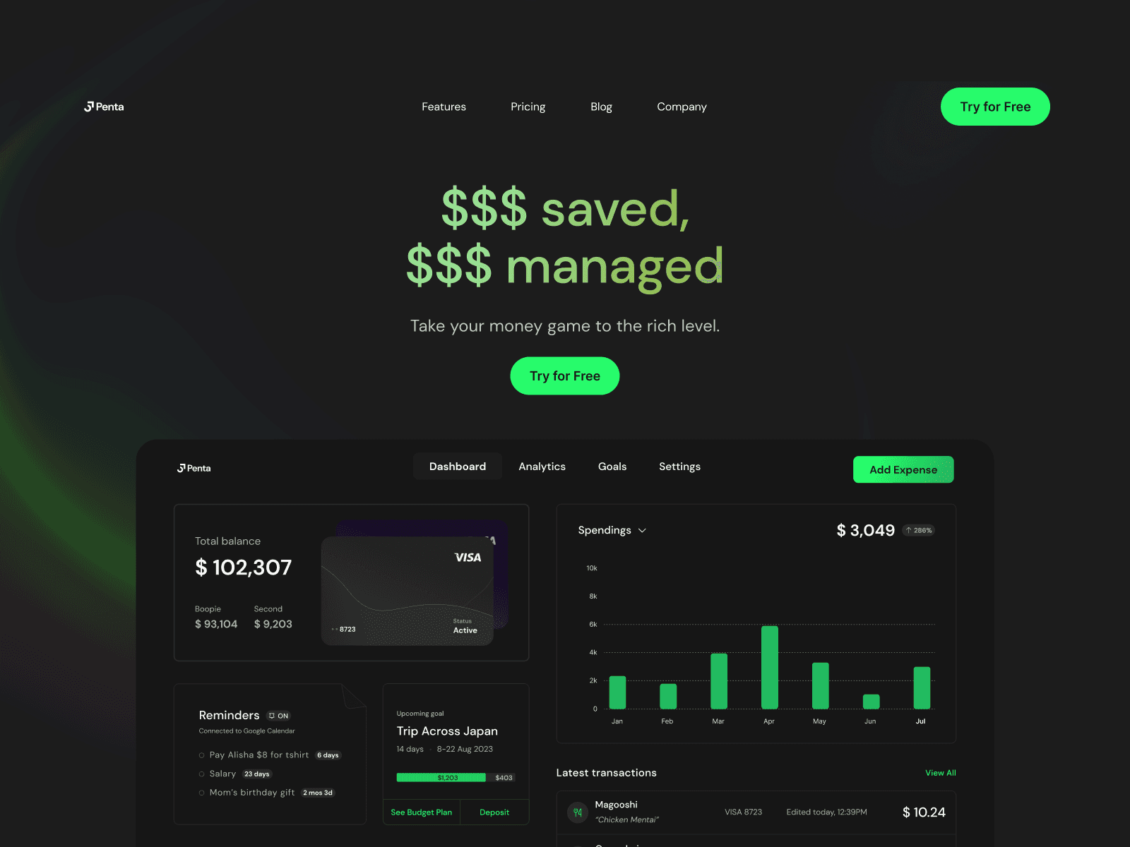 A landing page using dark color scheme with a hint of green. A headline says, "Dollars saved, dollars managed," followed by "Take your money game to the rich level." There's a button named "Try for free," with a screenshot of the dashboard below it.