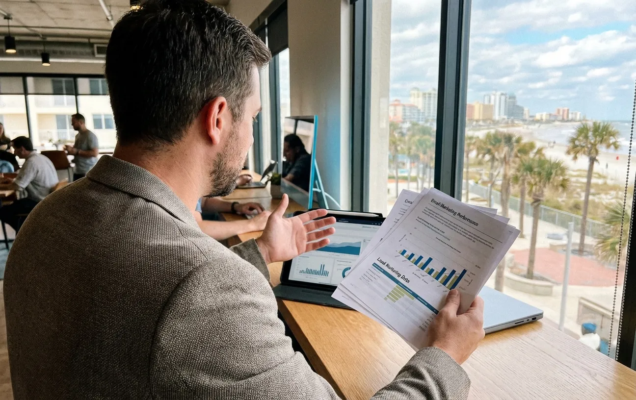 Man reviewing charts on a laptop at RockN' Socials, a digital marketing agency.