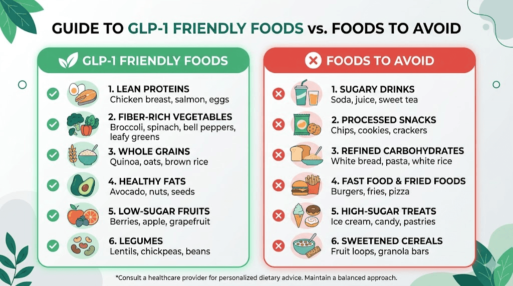 GLP-1 dinner foods to eat versus foods to avoid comparison chart