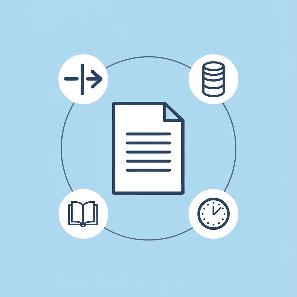 Central document icon surrounded by different file format icons (PDF, Word, Excel, email) connected by lines