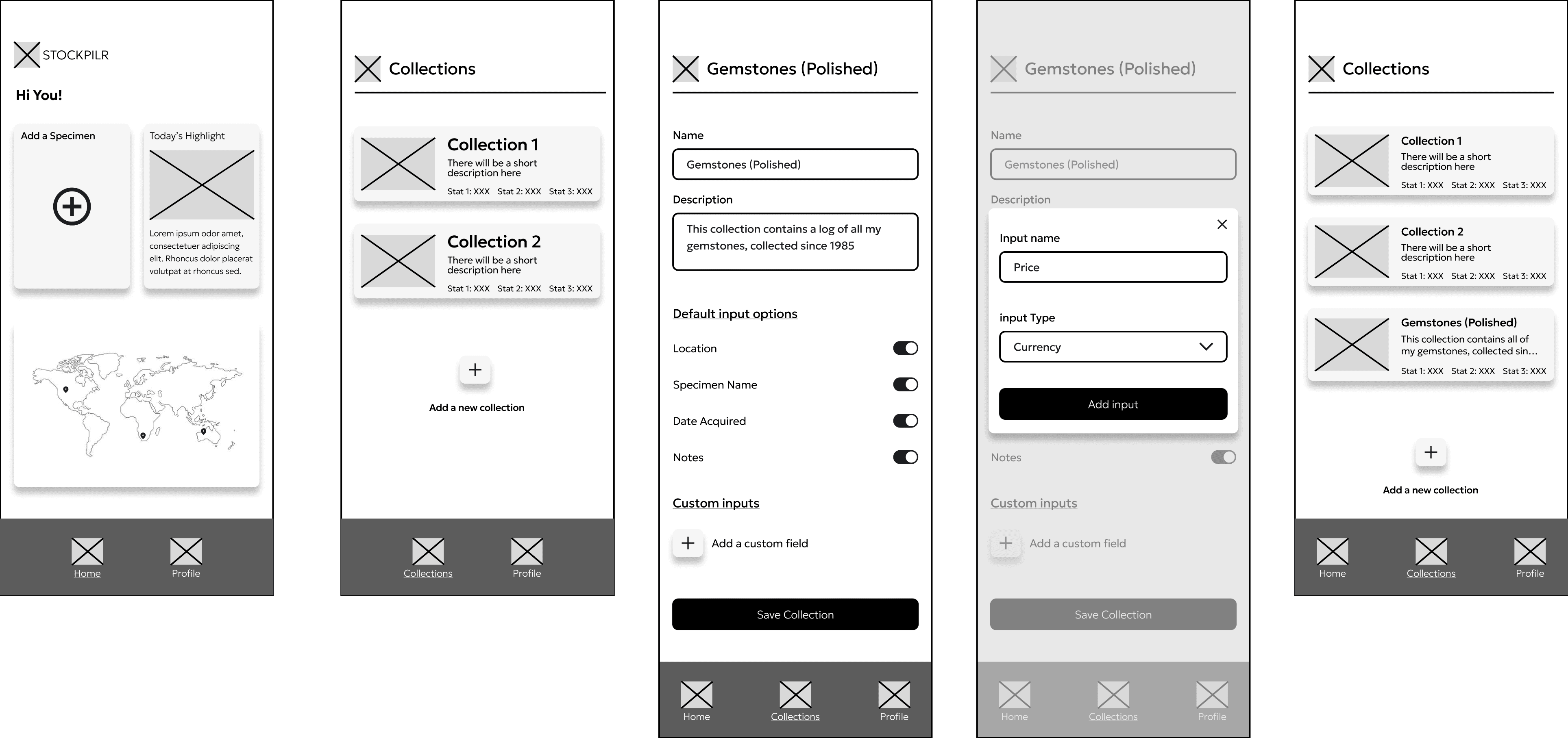 Low fidelity wireframes used for testing