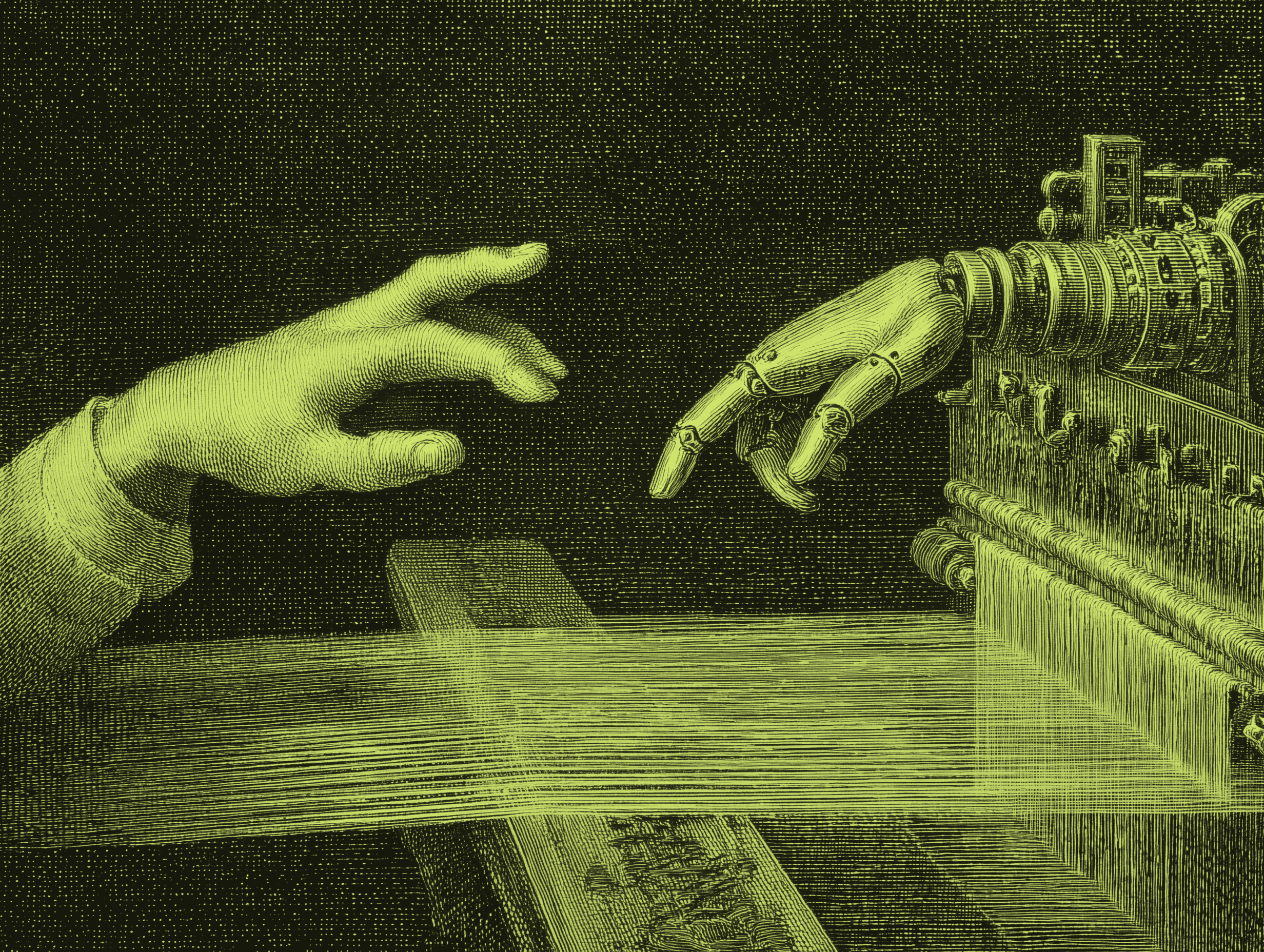 Ilustración de una mano humana extendiéndose hacia una mano mecánica, simbolizando la interacción entre personas y sistemas de inteligencia artificial.