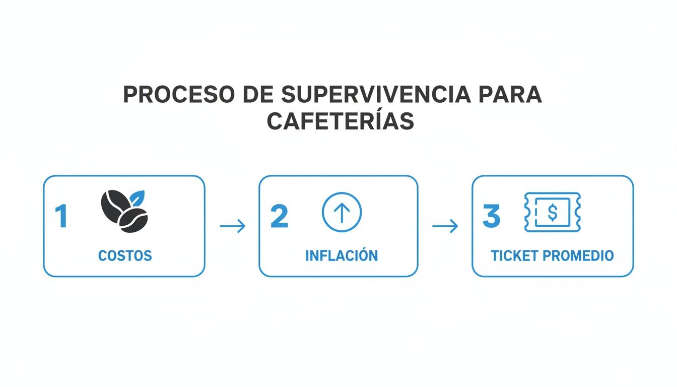 Flujo de pasos para la supervivencia de cafeterías, abordando costos, inflación y ticket promedio.