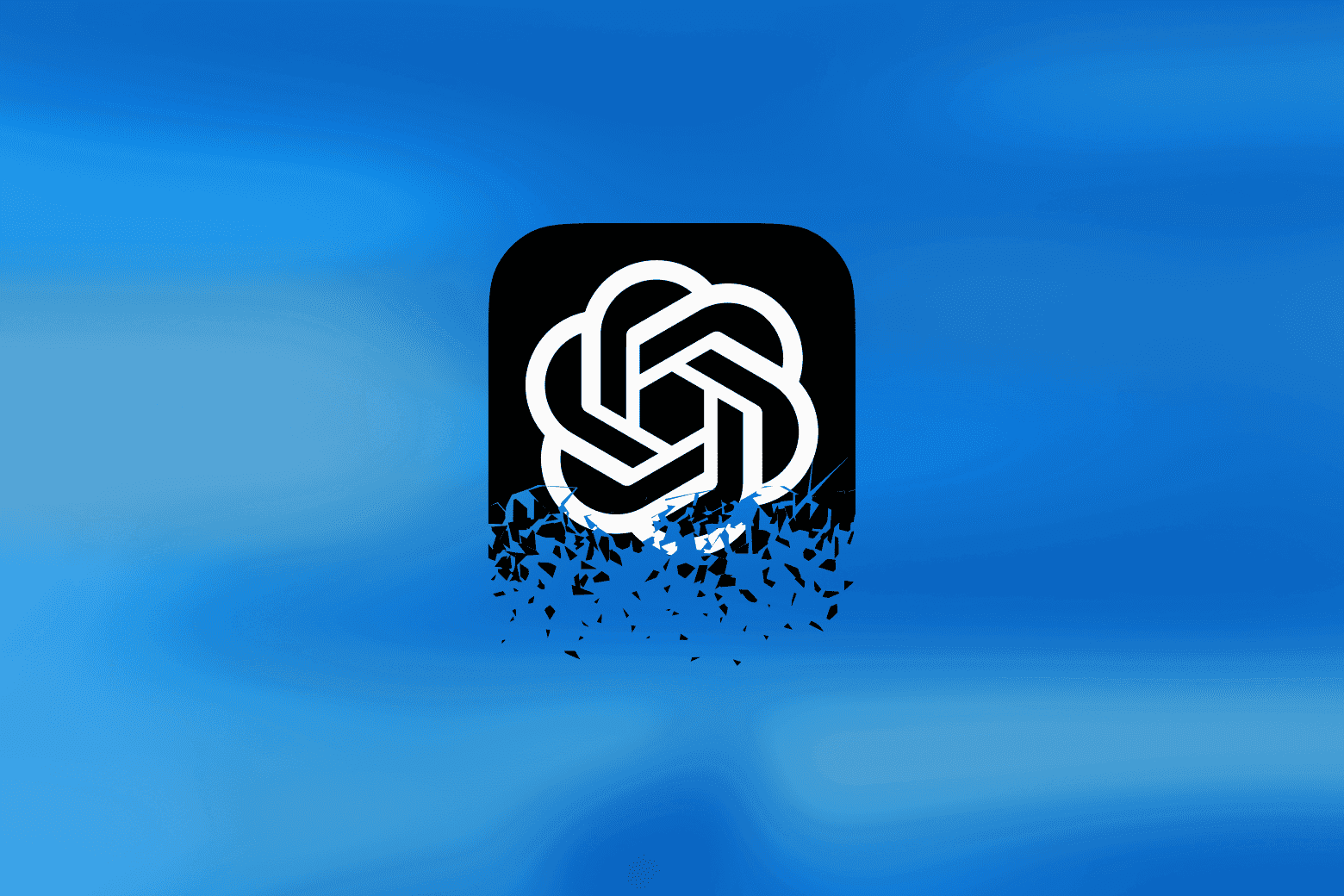 The ChatGPT logo breaking apart and fragmenting at the bottom, symbolizing a departure from the platform, set against a blue gradient background