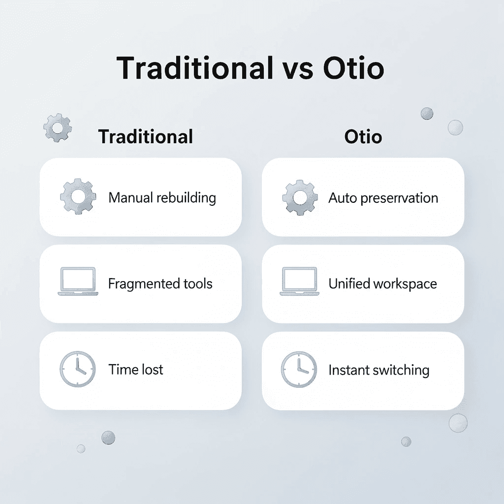 Comparison table showing traditional approach versus Otio solution
