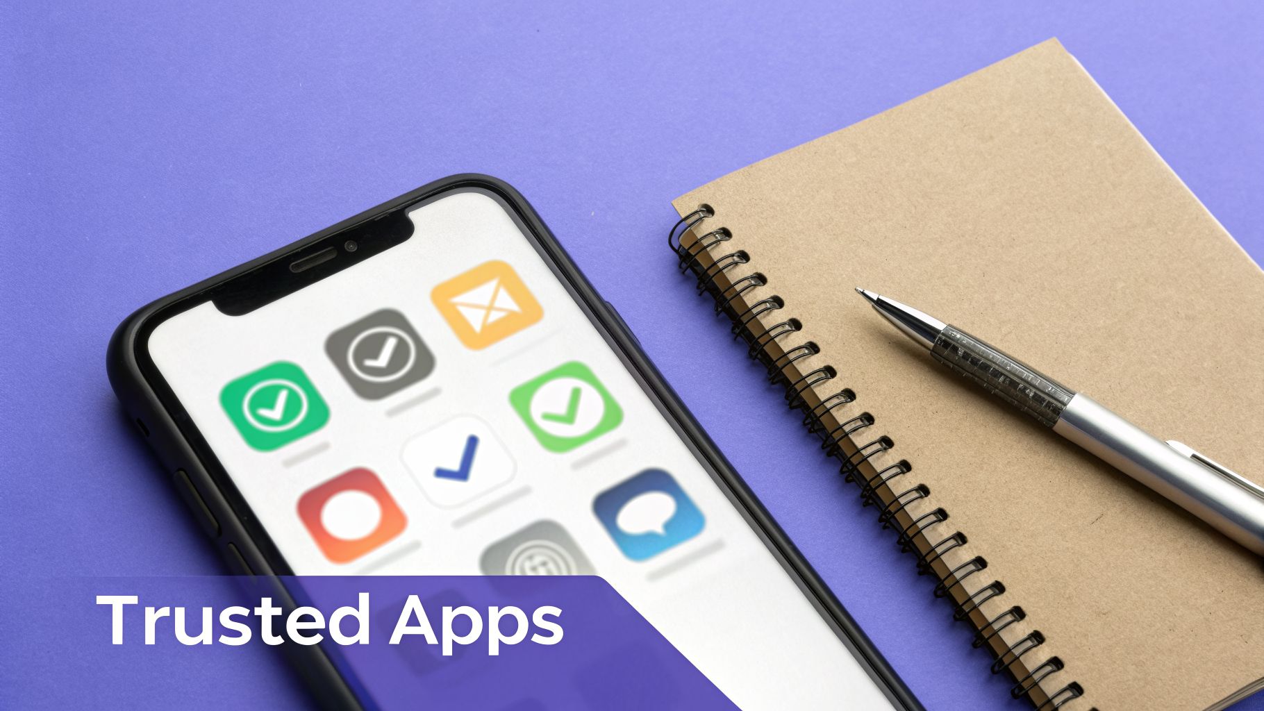 A smartphone displaying trusted app icons, a notebook, and a pen on a purple surface.