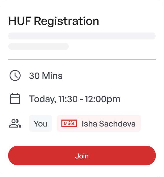 UI showing HUF regestration meeting with Tax expert