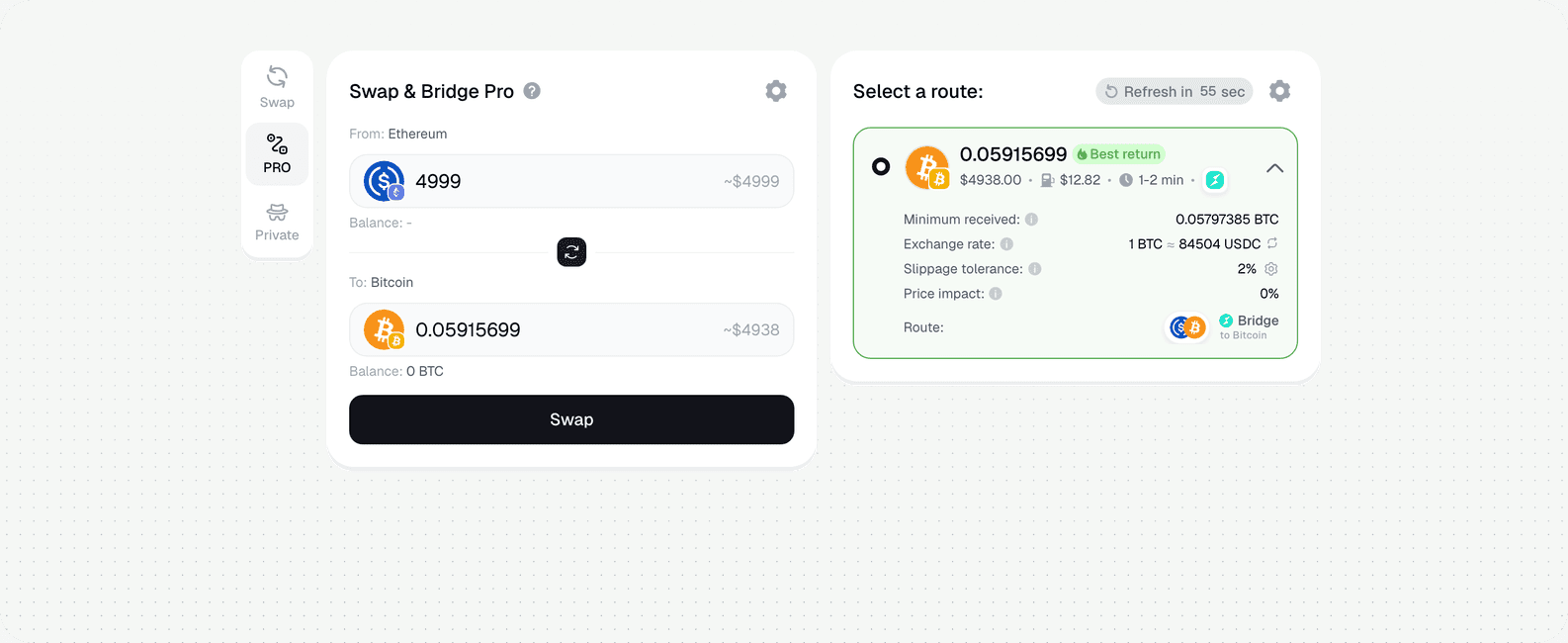 Bitcoin Bridge — live route in PRO mode: 4,999 USDC (Ethereum) to 0.05916 BTC (Bitcoin) · Symbiosis
