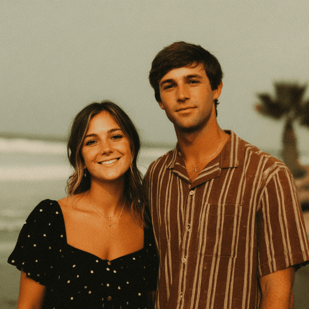 A joyful family moment is captured as a man and woman, both smiling, playfully embrace while a happy baby clings onto the man's shoulders, set against a lush, green outdoor backdrop.