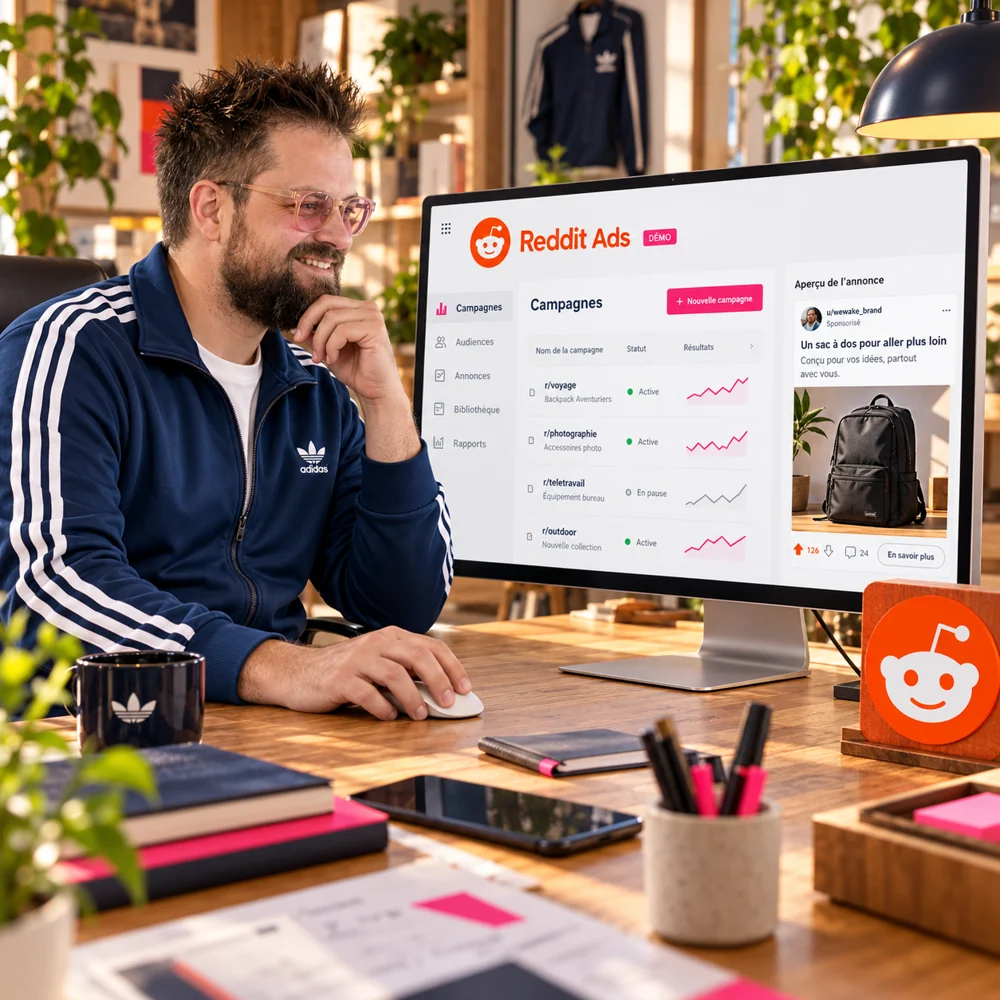 Anthony travaille devant un écran de campagnes Reddit Ads avec une annonce sponsorisée et un tableau de suivi de démonstration.