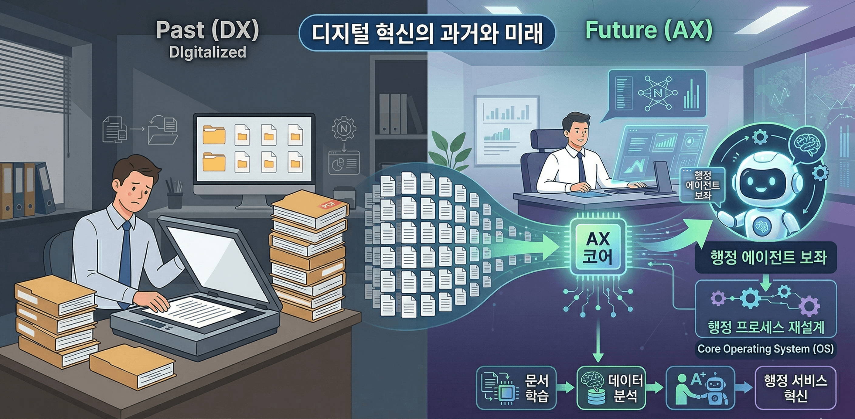 AX(AI Transformation)는 단순히 AI 기술을 도입하는 '디지털화'를 넘어, AI를 조직의 핵심 운영 체제(OS)로 삼아 일하는 방식과 행정 프로세스 자체를 근본적으로 재설계하는 혁신을 의미합니다