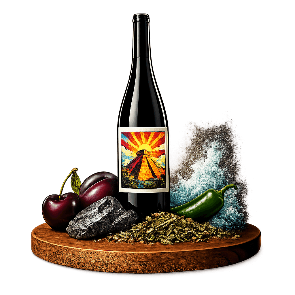 Artistic label and flavor profile for Mexican Cabernet Sauvignon on a rustic wooden table.