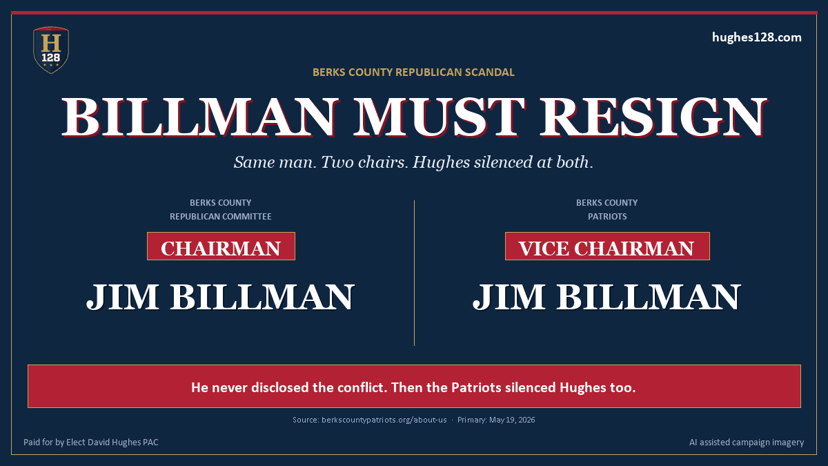 Jim Billman should resign as Berks GOP Vice Chairman — Hughes128 campaign infographic