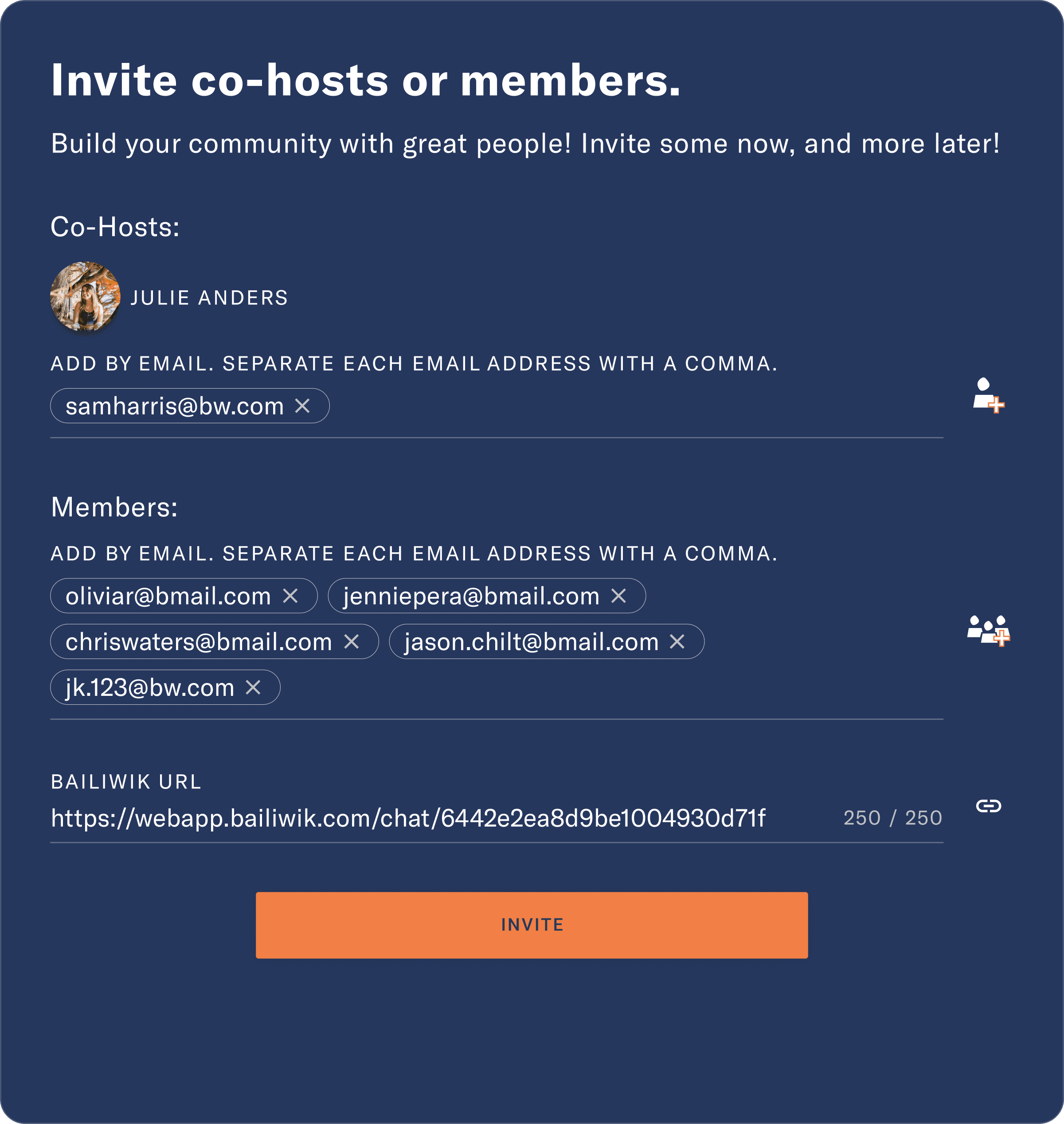 Web app screen: hosts are prompted to invite co-hosts or members to join