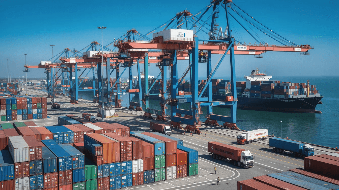 The image depicts a busy container terminal bustling with activity, featuring towering cranes, trucks transporting cargo, and large cargo ships docked under bright daylight. This scene reflects the operational efficiency and complexity of today's maritime industry, where digital twin technology plays a crucial role in transforming maritime operations through real-time data collection and monitoring.