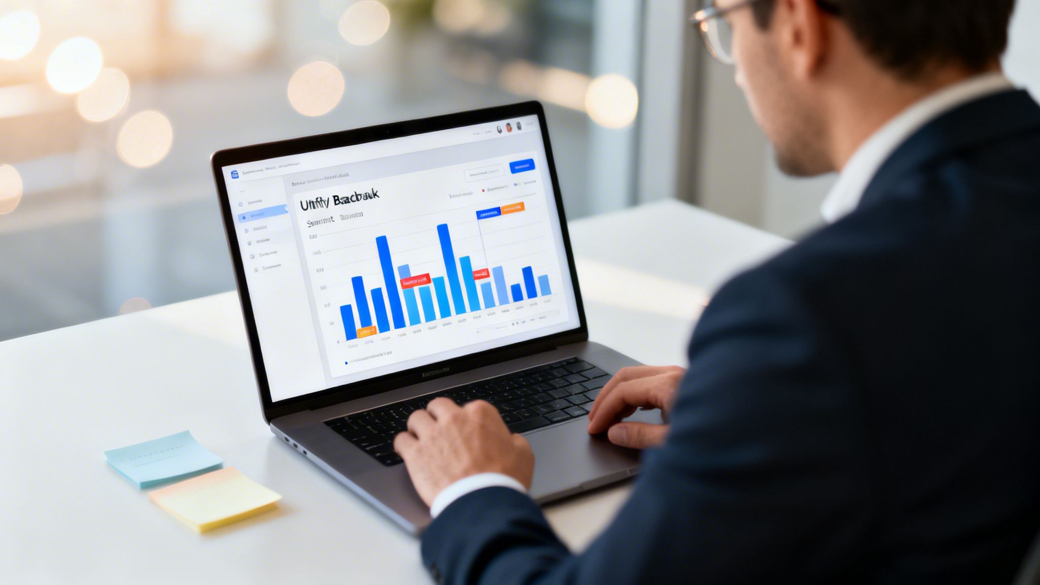 A man in a suit works on a laptop displaying a 'Utility Benchmark' bar chart, with sticky notes nearby.
