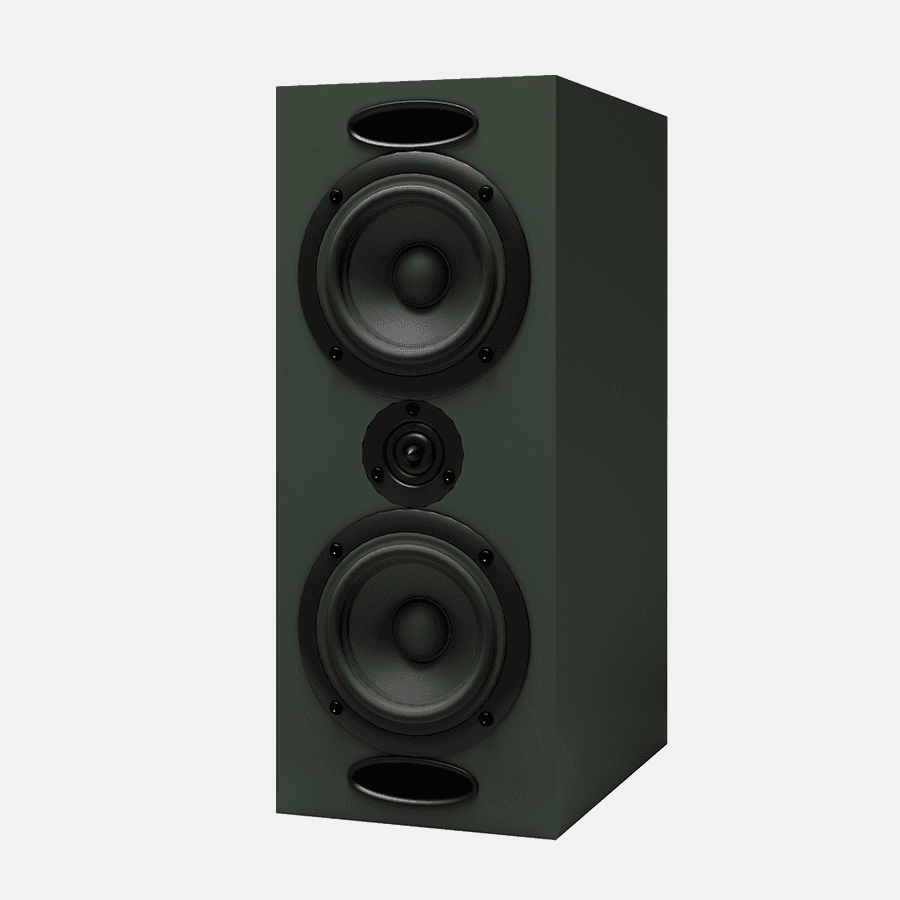 Dark green speaker with three drivers and a vent