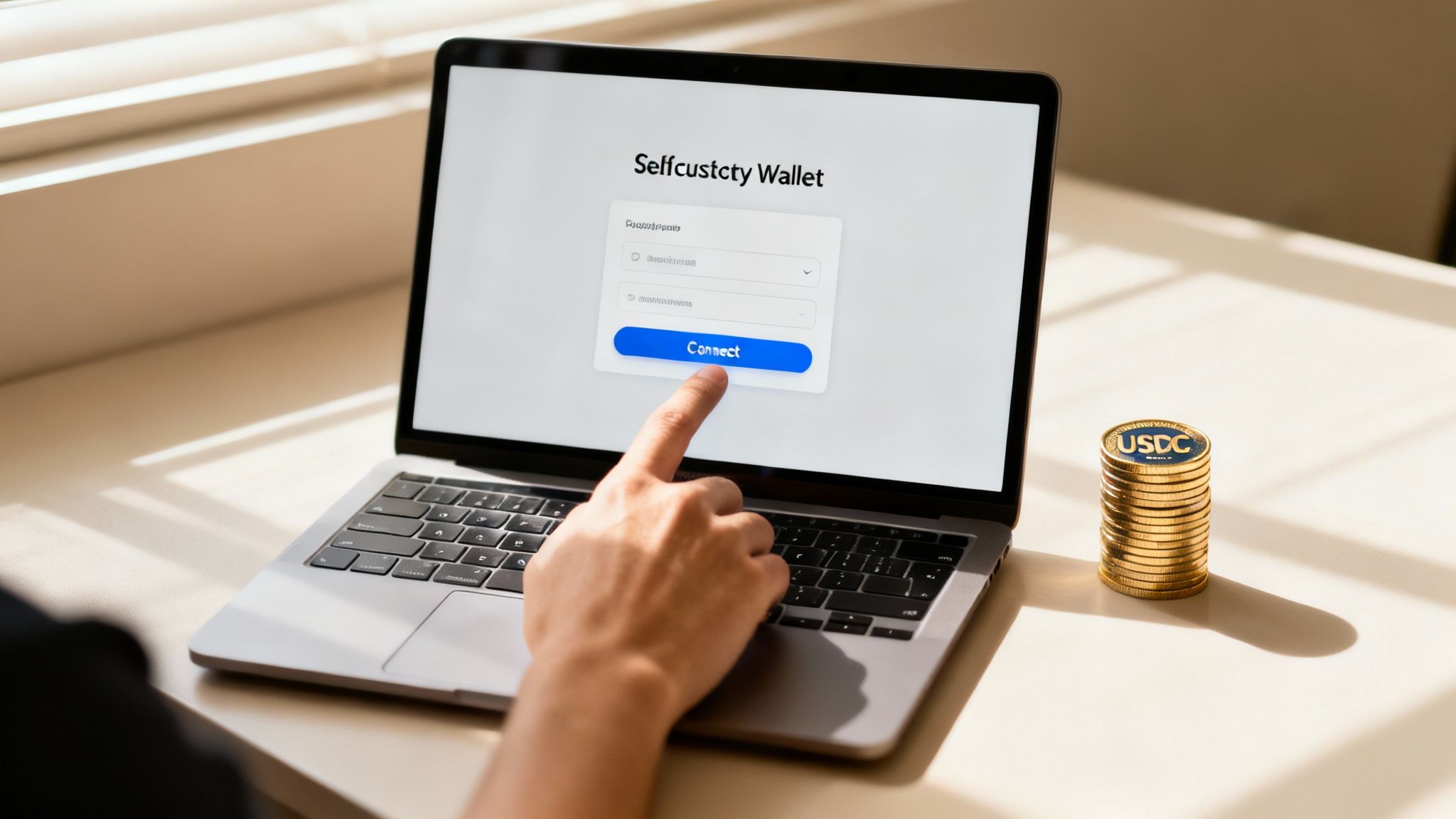 A hand clicks 'Connect' on a laptop screen displaying a self-custody crypto wallet, with USDC coins.