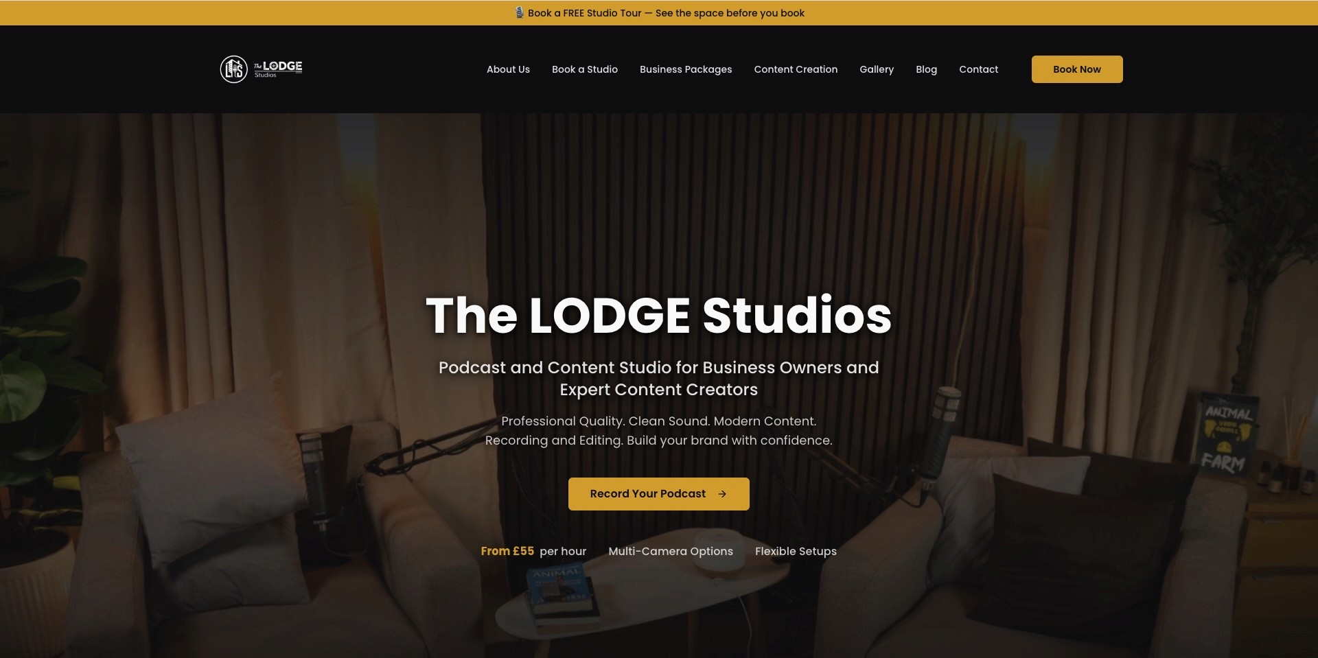 Screenshot of the homepage for The Lodge Podcast Studio based in Silvertown, Docklands, analysed in this guide alongside Creative Kin Podcast Studio’s proximity to London City Airport and Canary Wharf.